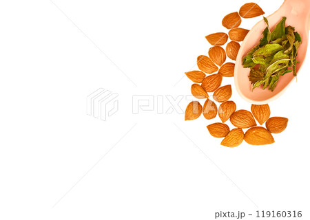 Spices. Spoon with mix of various aromatic dried herbs and apricot kernels 119160316