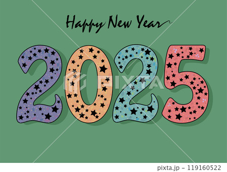 The colorful number 2025 is adorned with black stars, lending a hint of gothic charm to the New Year festivities. Set against a rich green background, this vector illustration captures the essence of  119160522