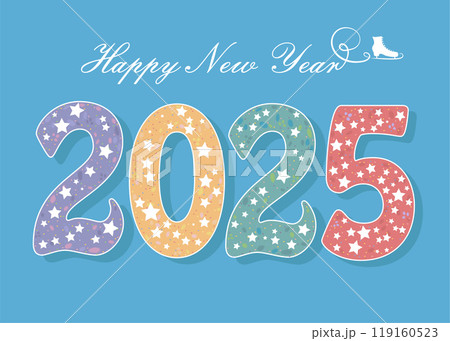 A colorful 2025 adorned with white stars and outlined in pure white. The Happy New Year text glides gracefully, resembling a skater's mark on pristine ice. This vector illustration embodies the spirit 119160523