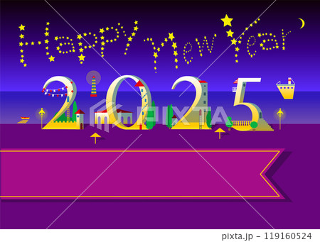 Coastal Serenity: Happy New Year 2025. The yellow text resembles stars in the night sky, while the numbers take the form of white houses. The backdrop features the serene sea and sandy beach. A spacio 119160524