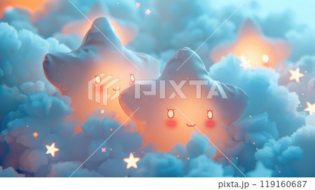 A group of cute stars floating in the sky, surrounded by soft clouds with glowing lights on their faces. 119160687
