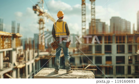 A construction worker stands on a ledge in front of a building 119160693