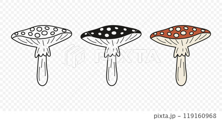 Flat Vector Hand Drawn Cartoon Fly Agaric Mushrooms Outline Illustration. Amanita Muscaria, Fly Agaric Illustration, Mushrooms. Magic Mushroom Icons, Design Template Flat Vector Hand Drawn Cartoon Fly Agaric Mushrooms Outline Illustration. Amanita Muscaria, Fly Agaric Illustration, Mushrooms. Magic Mushroom Icons, Design Template 119160968