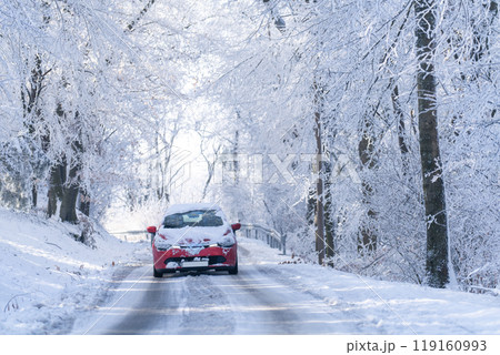 Car on a winter road through a snow covered forest 119160993
