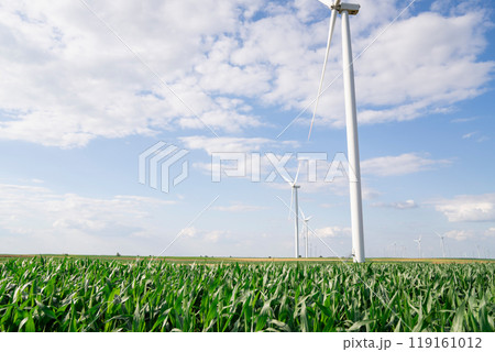 Wind turbines on an agricultural field. Sustainable energy 119161012