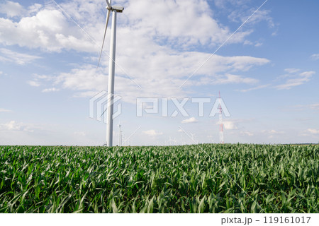 Wind turbines on an agricultural field. Sustainable energy 119161017