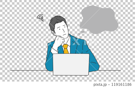 A simple illustration of a businessman worried in front of a computer A simple illustration of a businessman worried in front of a computer 119161186