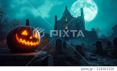 An illustration shows a Halloween pumpkin in a graveyard with a haunted castle under the full moon. The concept reflects a spooky and eerie Halloween night. Generative AI. An illustration shows a Halloween pumpkin in a graveyard with a haunted castle under the full moon. The concept reflects a spooky and eerie Halloween night. Generative AI. 119161528