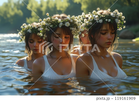 An ethereal, dreamlike scene of three young women in a forest, adorned with floral wreaths. Capturing the essence of sisterhood, unity, and natural beauty, bathed in soft sunlight amidst. 119161909
