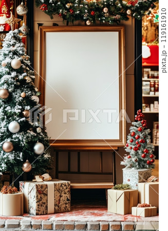 A cozy Christmas mockup featuring a blank wooden frame, surrounded by festive decorations including a snow-dusted Christmas tree, gift boxes, and ornaments. Perfect for seasonal displays and holiday. 119161910