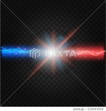 Energetic clash of red and blue energy beams, glowing with light and surrounded by a luminous burst of electricity. A perfect visual for sci-fi themes, energy concepts, and futuristic designs. 119161918