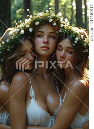 An ethereal, dreamlike scene of three young women in a forest, adorned with floral wreaths. Capturing the essence of sisterhood, unity, and natural beauty, bathed in soft sunlight amidst. 119161919