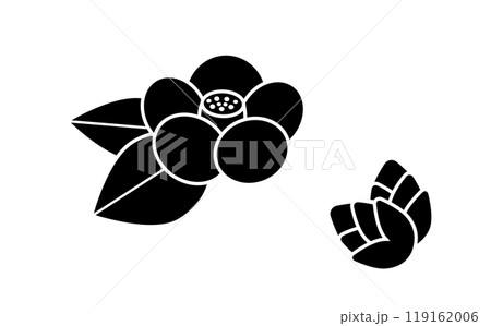 シンプルな椿の花と蕾の白黒イラストセット 119162006