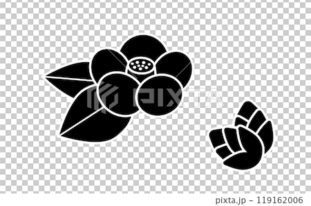 シンプルな椿の花と蕾の白黒イラストセット 119162006