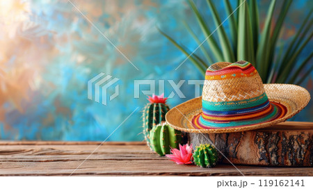 Vibrant Sombrero Beside Cactus in Desert Setting 119162141