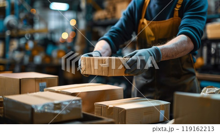 Craftsman Unwrapping Vintage Package with Anticipation 119162213