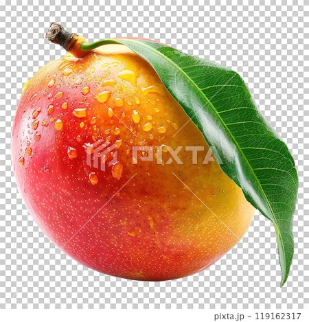 Succulent Ripe Mango with Moist Surface and Vibrant Green Leaf 119162317