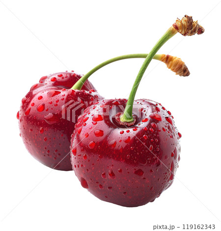 Ripe Red Cherries Clinging to Fresh Green Stems Ripe Red Cherries Clinging to Fresh Green Stems 119162343