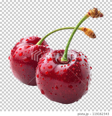 Ripe Red Cherries Clinging to Fresh Green Stems Ripe Red Cherries Clinging to Fresh Green Stems 119162343