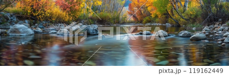 A painting of a river with autumn leaves on the trees 119162449