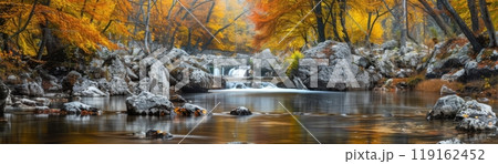 A river with a forest in the background 119162452