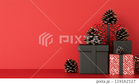 A red background with a stack of black boxes and pine cones. A red background with a stack of black boxes and pine cones. 119162527
