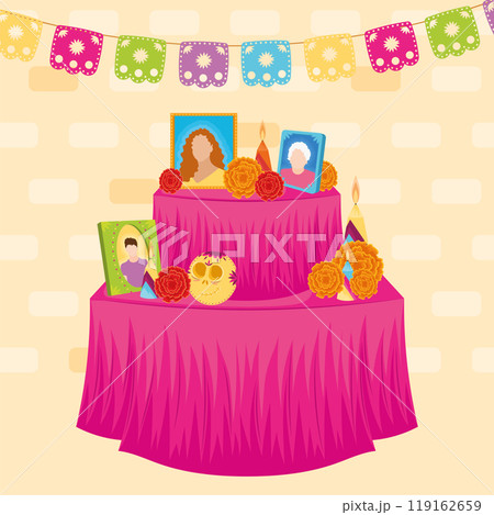 Dia de los Muertos altar with portraits and candles Vector 119162659