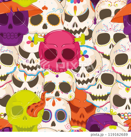 Halloween skull pattern with spooky and festive designs, Vector 119162689