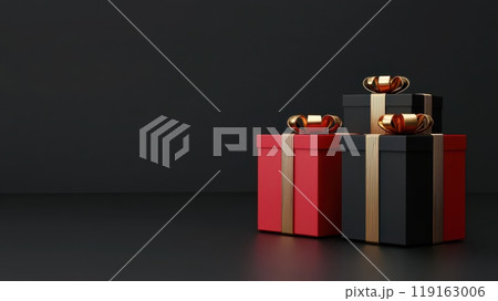 Three boxes of different sizes, one of which is black, are stacked on top of each other. Three boxes of different sizes, one of which is black, are stacked on top of each other. 119163006