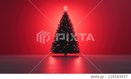 A Christmas tree with a star on top is lit up in red. 119163037