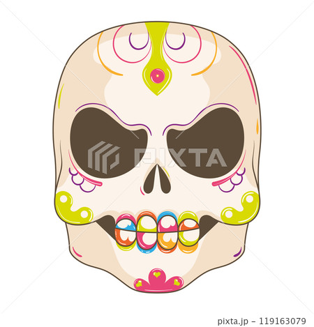Decorative sugar skull with swirls and floral designs, Vector 119163079