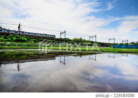 水田と走る電車の風景 119163080