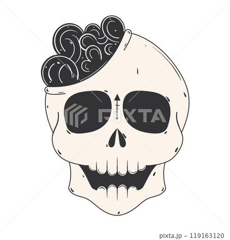 Skull with exposed brain illustration in black and white, Vector 119163120