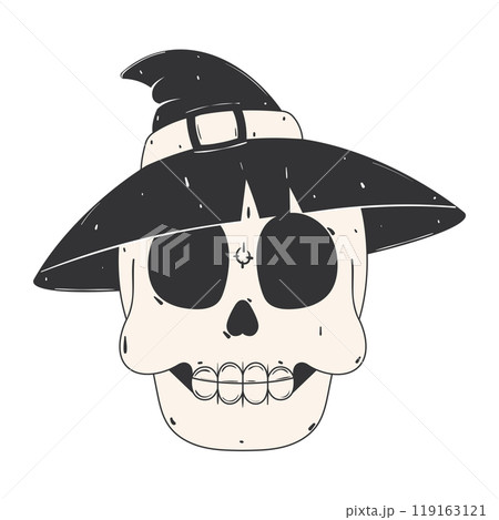 Witch hat skull illustration in black and white, Vector 119163121