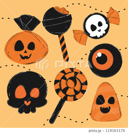Halloween pattern with pumpkins, skulls, and candy lollipops Vector 119163178