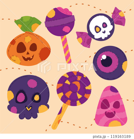Halloween candy, skulls, pumpkins, and eyeball graphics, Vector Halloween candy, skulls, pumpkins, and eyeball graphics, Vector 119163189