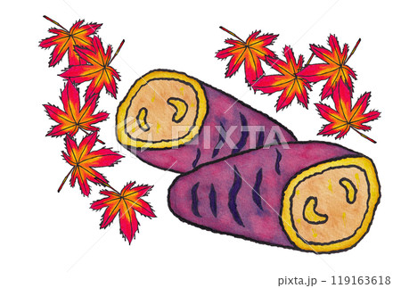 手描きの水彩画(絵手紙)「焼き芋」と「舞い落ちる紅葉」 119163618