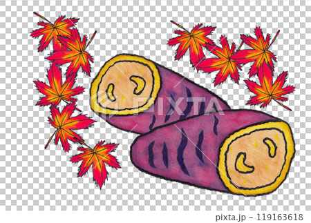 手描きの水彩画(絵手紙)「焼き芋」と「舞い落ちる紅葉」 119163618