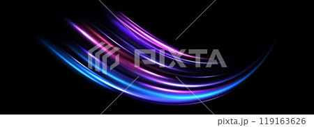 Glowing neon light trail background. Iridescent purple arch speed lines. Magic luminous curved swirl concept. Abstract spiral dynamic rotating stripes. Curve streaks for poster, banner, flyer. Vector 119163626