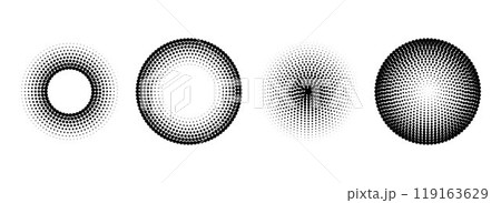 Halftone concentric circle set. Comic grunge texture ring shape collection. Dotted round geometric collection. Radial pop art design elements. Epicenter, target, radar concept. Vector halftone circles 119163629