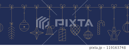 Christmas, New Year hanging garland seamless banner. Simple line golden bauble, ball, spruce, star, sweet holiday icon. 119163748