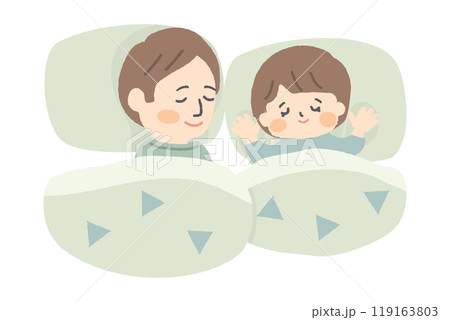 布団で眠るお父さんと子供の手描き風イラスト 119163803