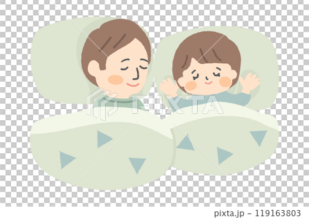 布団で眠るお父さんと子供の手描き風イラスト 119163803
