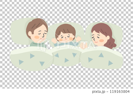 布団で眠る三人家族 119163804