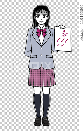 気まずい表情で0点の答案用紙を持つブレザーの女子高生（シンプル） 119163860