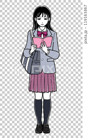 A high school girl in a blazer standing and reading a book (simple) 119163867