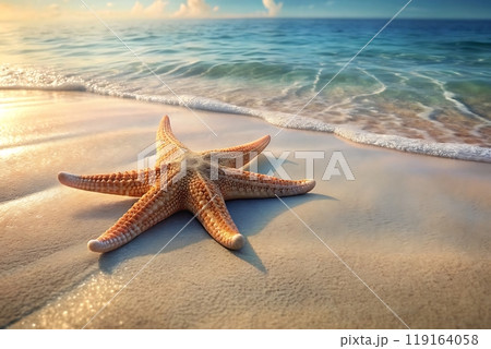 Starfish on summer beach, clear relaxing waters 119164058