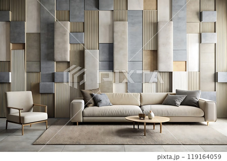 Rhythmic wall installation and sleek furniture 119164059