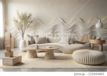 Clean lines and organic forms in living room 119164062