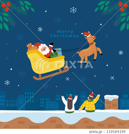 Santa Claus sitting on a Christmas sleigh with a reindeer Santa Claus sitting on a Christmas sleigh with a reindeer 119164195